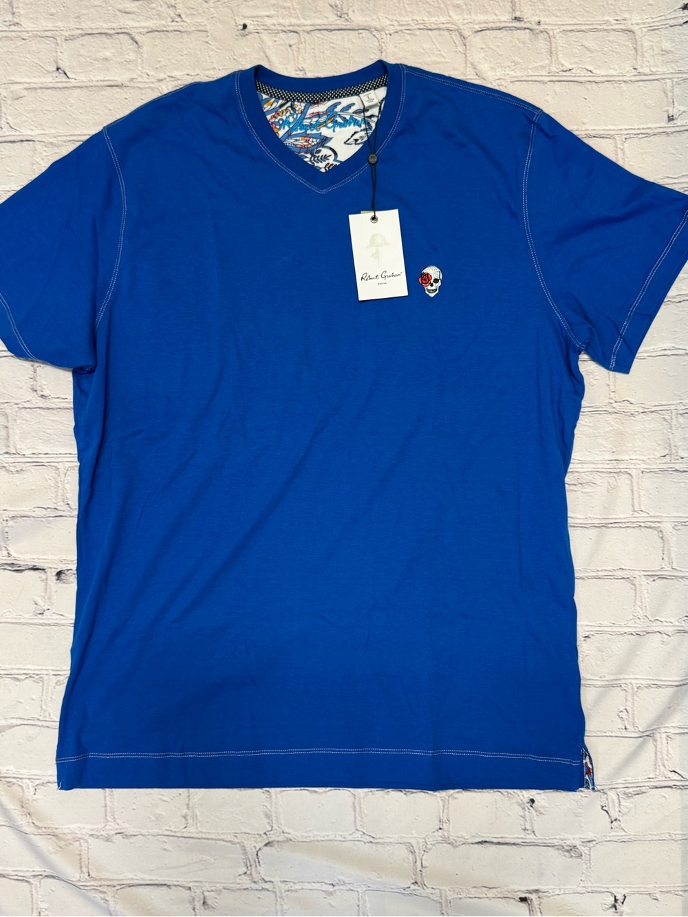 Robert Graham Royal Blue V-Neck Shirt with Skull Patch